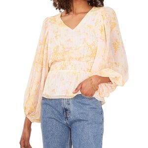Floral V-Neck Blouse in Cream and Yellow